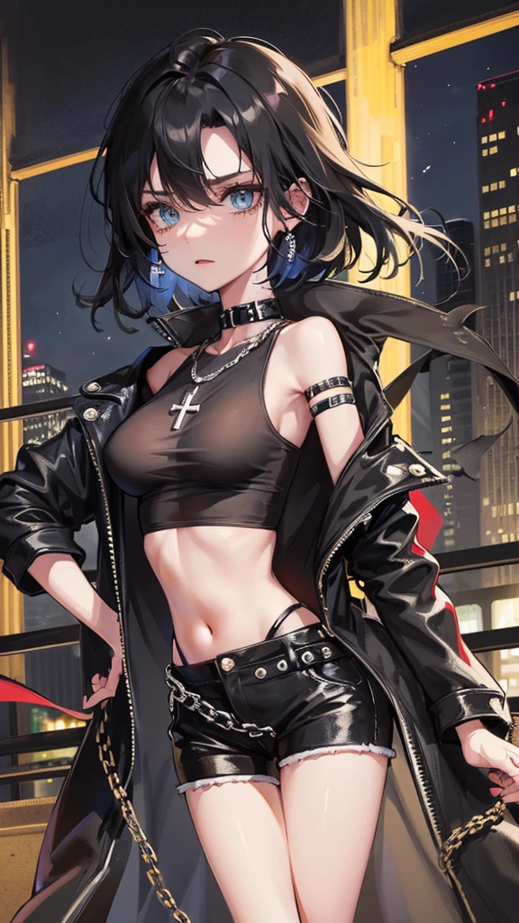 Photograph of the upper body of a beautiful woman, , (big breasts), (small waist, perfect body), Sharp focus, (tall body, mature woman), ((Looking ahead)), (Highly detailed skin, hair follicles:1.4,) (long punk black hair,blue eyes) , (black t-shirt:1.47),(green pants),chain , There are tears. , Cross necklace , wearing a black leather jacket, cross chain, city scenery , punk , night light , high quality ,cold expression,