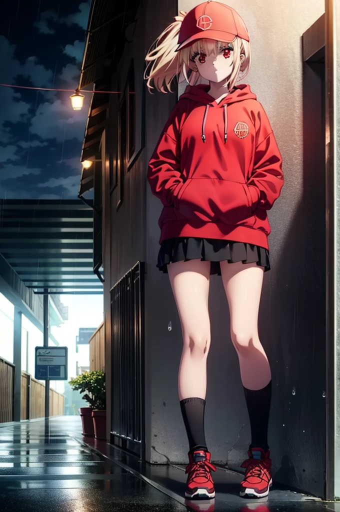 , Chisato Nishikigi, length, bangs, blonde, (Red eyes:1.5), Baseball cap,Oversized red hoodie,mini skirt,Black knee socks,short boots,Standing leaning against a wall,rain,cloudy,Hide under the roof,whole bodyがイラストに入るように,Blowing bubble gum,
break outdoors, alley,
break looking at viewer, whole body,
break (masterpiece:1.2), Highest quality, High resolution, unity 8k wallpaper, (shape:0.8), (Beautiful attention to detail:1.6), extレムely detailed face, Perfect lighting, extレムely detailed CG, (Perfect hands, Perfect Anatomy),