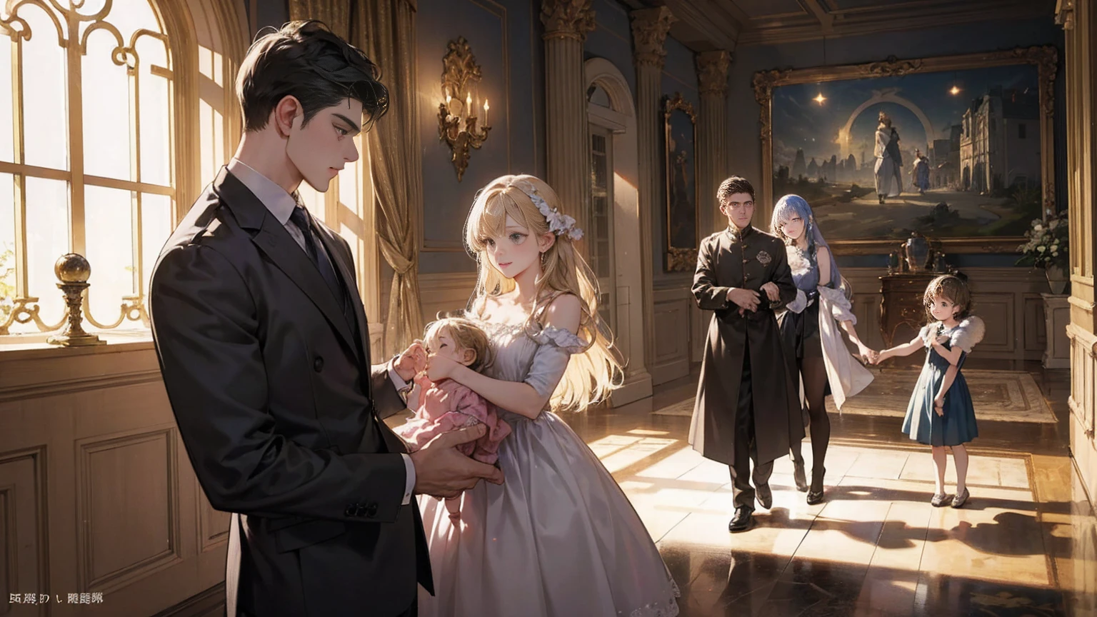Very delicate and beautiful, wonderful, In detail, masterpiece, Super detailed, High resolution,Best illustrations, Best Shadow,Complex,Sharp focus, high quality, A young father holds his young twin boys and girls in his arms tightly and warmly、Draw a scene filled with love and security.。My father is on his way home from work.、Children are innocent and carefree。In the background澄み切った青空が広がり、A view of a stylish modern mansion in Pula, Croatia in summer。The bright sunlight illuminates the house and the sparkling sea.。 In fact, this30The father of the generation was the former Constantine1This is the world.、The boy-girl twins are formerly Crispus and Fausta。The whole scene、atonement、Forgiveness、Healing、Purification、And the theme of repairing relationships was emphasized.、It expresses the moment when family love and bonds deepen.。 The father's expression shows deep love and relief.、The twins have innocent smiles on their faces.。In the background、The beautiful sea of Croatia spreads out before you、The sparkle enhances happy family moments.。