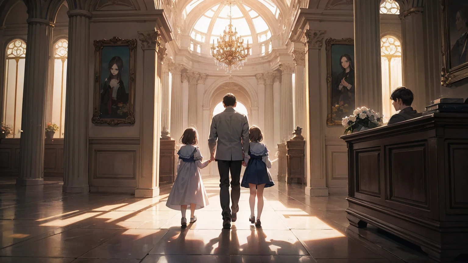 Very delicate and beautiful, wonderful, In detail, masterpiece, Super detailed, High resolution,Best illustrations, Best Shadow,Complex,Sharp focus, high quality, A young father holds his young twin boys and girls in his arms tightly and warmly、Draw a scene filled with love and security.。My father is on his way home from work.、Children are innocent and carefree。In the background澄み切った青空が広がり、A view of a stylish modern mansion in Pula, Croatia in summer。The bright sunlight illuminates the house and the sparkling sea.。 In fact, this30The father of the generation was the former Constantine1This is the world.、The boy-girl twins are formerly Crispus and Fausta。The whole scene、atonement、Forgiveness、Healing、Purification、And the theme of repairing relationships was emphasized.、It expresses the moment when family love and bonds deepen.。 The father's expression shows deep love and relief.、The twins have innocent smiles on their faces.。In the background、The beautiful sea of Croatia spreads out before you、The sparkle enhances happy family moments.。