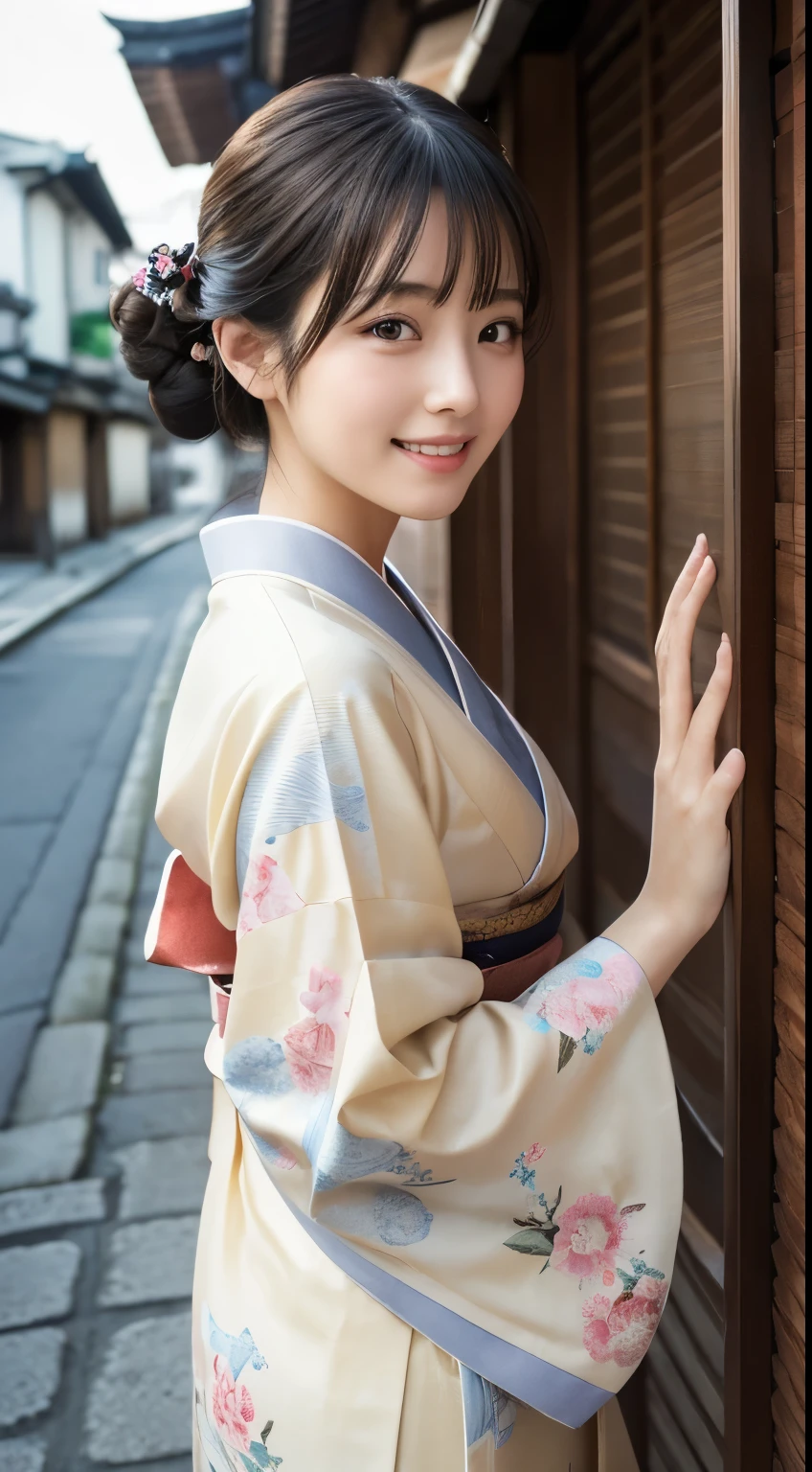 Professional Lighting,(Photorealistic:1.4), (Top image quality:1.0), (超A high resolution:1.0), 8K, Raw photography, (masterpiece:0.2), (Facing the children_v1:0.5)、(最高quality Detail:1.2)、Realistic、8K Ultra HD、High resolution、(1 girl:1.2)、超detailedな、High quality textures、複雑なdetailed、detailed、Very detailed CG、High quality shadows、detailed 美しく繊細な顔、Beautiful details and a delicate eye、(Symmetrical eyes:1.2),Written boundary depth、Ray Tracing,1 girl, Japanese Girls, (Natural smile:1.4),cute, thin, Portrait of a beautiful Japanese woman in a kimono, Standing elegantly on a street corner in Kyoto. Kimono with vibrant traditional patterns, Hair decorated with elegant and delicate hairpins, Gentle expression. (With the old streets of Kyoto in the background:1.4)、The soft light of a spring afternoon、Adding tranquility to the scene. Rendered in a Realistic style with great attention to detail, High resolutionの画像.Sky Porn, Magic Hour, (Realistic:1.3), finely, quality, (Tabletop:1.2), (Realistic:1.2), (最高quality), (複雑なdetailed), dramatic, Ray Tracing, photograph, +roller