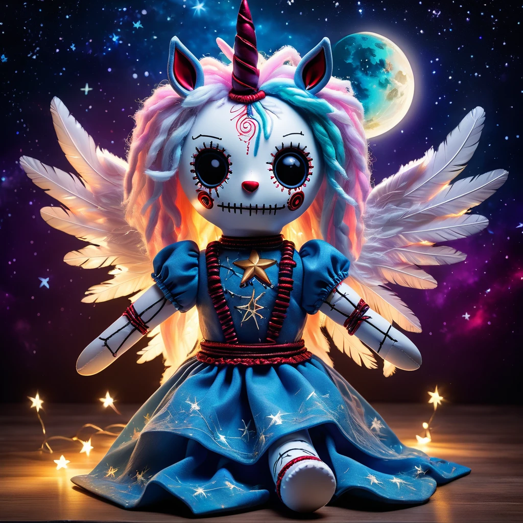 (knitted toy voodoo doll:1.9), (Voodoo unicorn:1.2), (Dream Guardian:1.3), (Clothing: ethereal wings with glowing dream patterns:1.0), (Accessories: enchanted dreamcatcher emitting sparks of dream magic, levitating spectral feathers:1.1), (background: starry sky with floating clouds, glowing moon, and spectral dreams:1.2), best quality, masterpiece, detailed soft oil painting, detailed background, dramatic cinematic lighting, soft edge lighting, professional, dramatic lighting, hard edge lighting, ultra quality, 4k,masterpiece, best quality, 8k, ultra highres, highres, extremely detailed