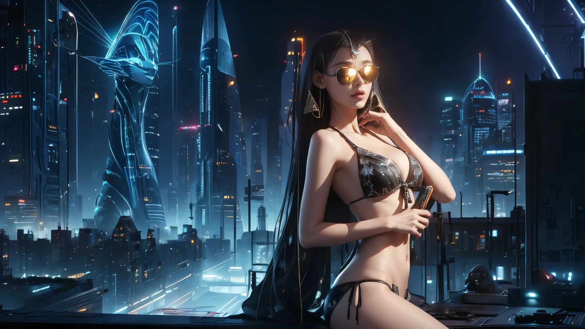 (((a medium-breast bikini slim GIRL with black micro sunglasses))), (((aiming at viewer with a pistol))), a balcony of a futuristic building, aerial view of an ultra-futuristic megalopolis, many metal buildings and houses in dark colors from dark blue to black, a cidade tem tons de cinza metal, has smoky metal structures , industrial environment with smoke and fog around, carros escuros nas ruas, desert megalopolis, trilhos e trens modernos de de metal passando estre as ruas da cidade, tall futuristic metal buildings, many ultra modern buildings around, (((an Egypt sphinx statue on the top of building))), realistic, detailed, sci-fi.