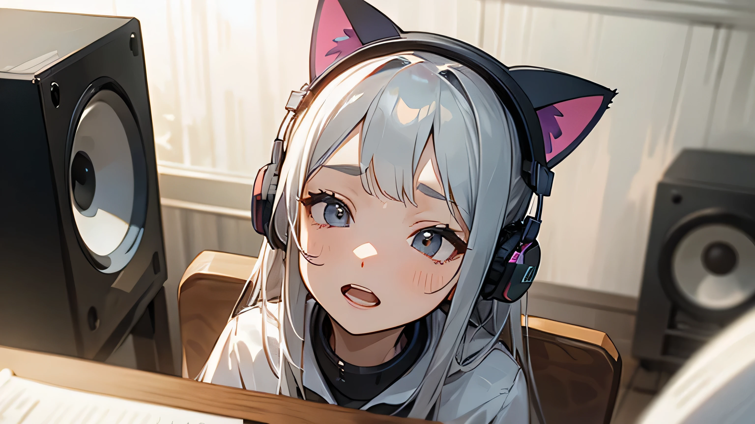 Room with speakers、Cat with headphones、Face close-up、noon、Silver Hair、Looking up with open mouth、Sitting in a chair