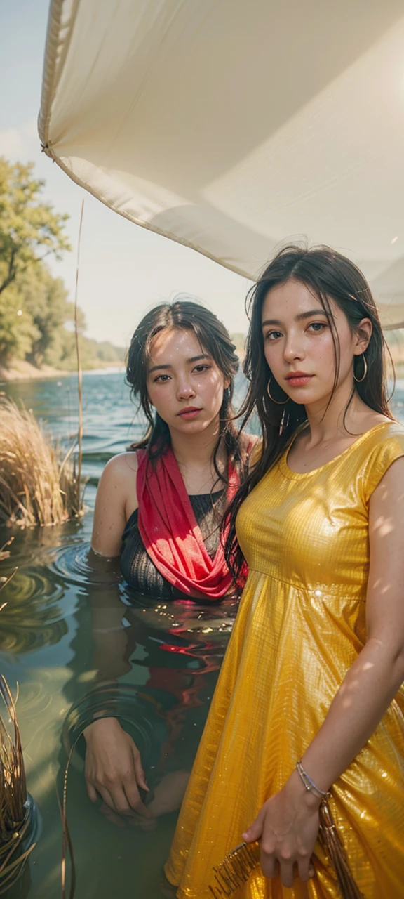 (best quality, highres, masterpiece, photorealistic:1.2),(HDR, vivid colors),((2girls):1.5), japanese, ((wearing light green oversized t-shirt, long sleeve, bottomless):1.3), ((exposed shoulders)), (thin and sagging breast:1.3), skinny body, slender posture, beautiful face, detailed face feature, posing for a picture, professional dynamic lighting, (upperbody:1.3, seen from below), naughty expressions, (sexy poses, hold each other's breasts with hand), ((soaking under the waterfall):1.4), foggy and snowy background, cool tones, intimate atmosphere, photon mapping