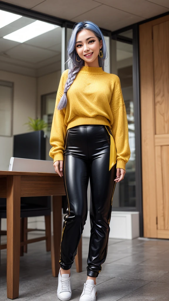 punk girl, grinning agressive expression, blue braided hair, standing at desk, knitted sweater, yellow translucent plastic pants, strong jawline, gorgeous face, shoes, full view from below, textured pants, very detailed facial features, crisp face, 