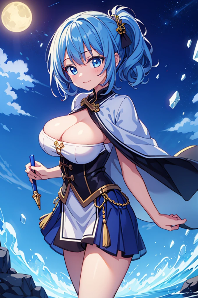 Fantasy,((Masterpiece)),((high resolution)),((Best Quality)),Anime illustration,((1girl)),(wavy hair),(short hair),(pale blue hair color),small ponytail,headband,Indigo eyes,(Big round eyes),(tareme),(child),,((baby face)),((very big breasts)),Short stature,Young,(loli),,ice wd,sleeveless white blouse,Blue mini skirt,slit,Brown corset,brown capelet,smile,,Brown long boots,wizard's wand with blue gem,