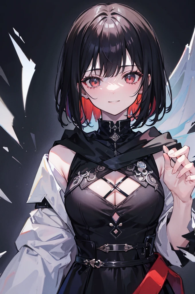 (Absurd, High resolution, Ultra-detailed), masterpiece, Highest quality, A man wearing black clothes and a black cloak, Has a black hole ,Holding a black hole in hand , 公式characterアート, short hair, Black Hair, Black red glowing eyes, Finely grained, Spiky Hair, City in Ruins, Dark Background, Black Swirl, Black swirl, Looking up from below, Looking up, Grin, character