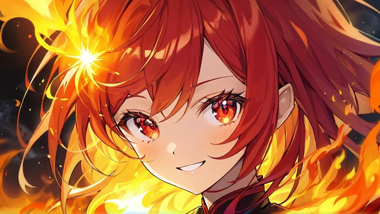 ((half body Portrait of a fire elf)), animestile, red flowing hair, shiny red eyes,( medium length pointy ears),orange fire around, flaming theme, burning atmosphere, (detailed sexy Chinese style costume:1.2), red glowing tattoos, orange crystal jewelry, light smile, mature body, colorful ,by Mappa studios,masterpiece,best quality,official art,illustration,ligne claire,(cool_color),perfect composition,absurdres, fantasy,focused,rule of third, close up portrait