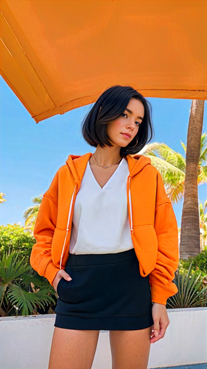 1 girl, wear ((orange oversized hoodie)), (purple tennis skirt),Best Quality,Masterpiece,Ultra High Resolution,(Realisticity:1.4),Original Photo, 1Girl, light leak,dark intens shadow,ultra high resolution,UHD,beautiful, black bob hair, almond eye, no makeup, in front of 80's architecture colorful motel, (from below:1.2), (realistic:1.2), (surreal:1.3), (very detailed:1.1), ((masterpiece)),summer, blue sky, palm trees,sunny, los angles vibes