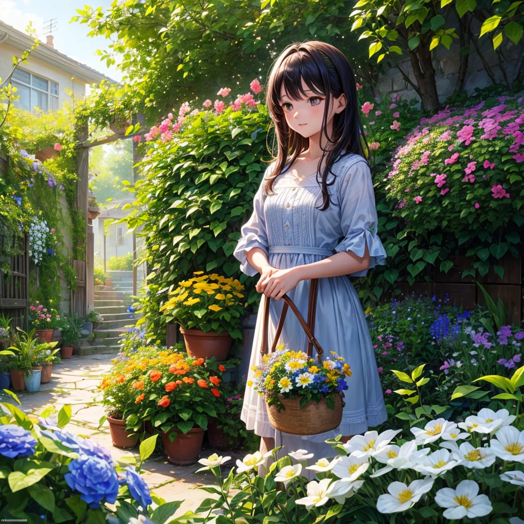 spring has arrived, a girl is busy taking care of flowers in the small garden in her yard, sunlight exposure, warm color, vibrant, beauty, peaceful, high quality, Ultra HD, 4k, 8k, hyper detailed, extreme detail description