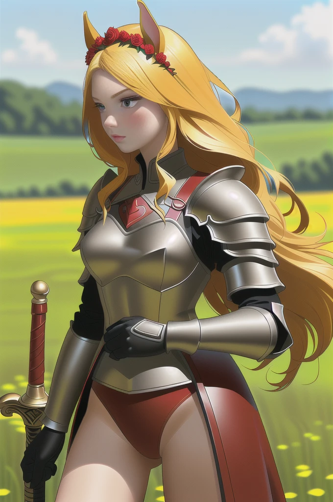 best quality, detailed, 1 girl, young, princess and warrior, leather armour and  red lingerie, sword, flower crown, long yellow hair, horse, field, cartoon