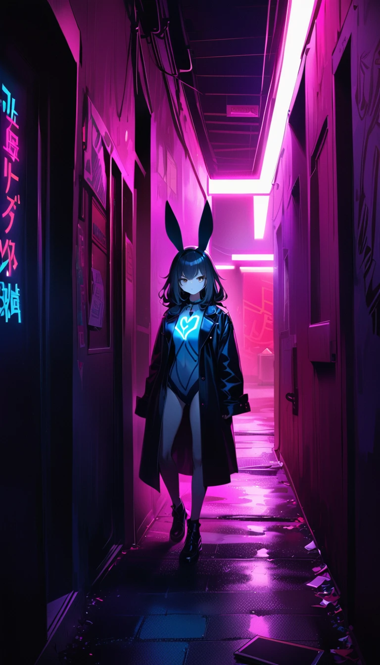 Quality¥(masterpiece, best quality,8K,非常に精細なCGユニットのwallpaper,High resolution,top-quality,top-quality real texture skin,Surreal,Increase the resolution,RAW Photos,Highest quality,Very detailed,wallpaper\), BREAK、black leather trench coat, A girl in a black trench coat, pretty girl, Ultra-detailed face and eyes, ¥(Girl, Cute face, Simple bunny girl costume, Usamimi, Gray eyes,Eyes Shining,Angry,Atrociousな殺人鬼,¥),BREAK,Dark Background、darkness、Atrocious、(outside,night,neon,Backstreets)