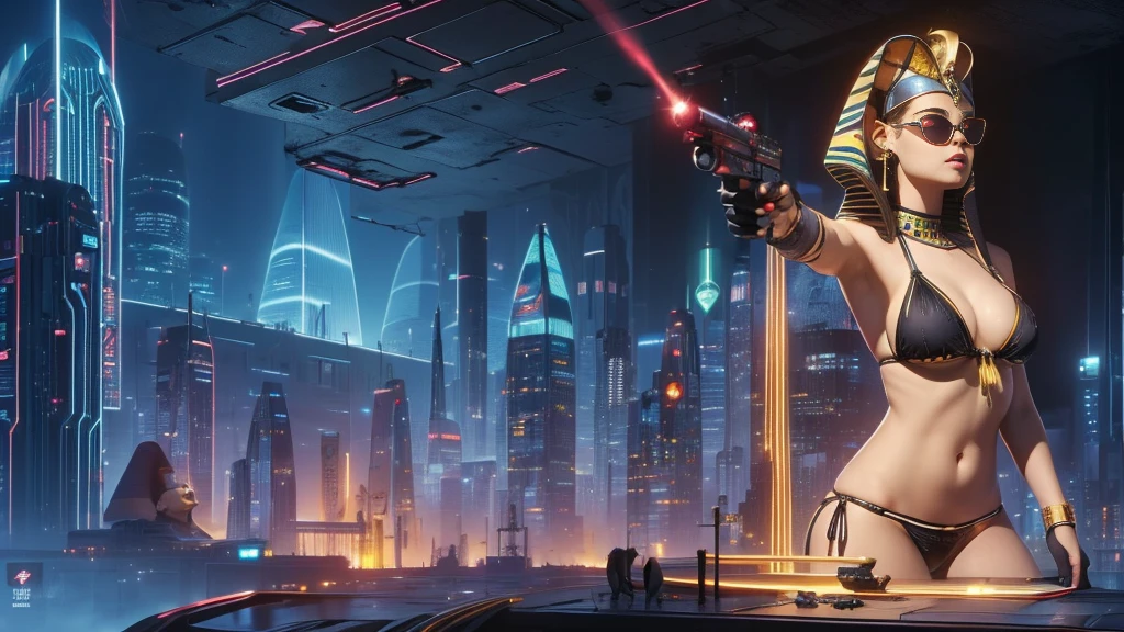 (((a medium-breast bikini slim GIRL with black micro sunglasses))), (((aiming at viewer with a pistol))), a balcony of a futuristic building, aerial view of an ultra-futuristic megalopolis, many metal buildings and houses in dark colors from dark blue to black, a cidade tem tons de cinza metal, has smoky metal structures , industrial environment with smoke and fog around, carros escuros nas ruas, desert megalopolis, trilhos e trens modernos de de metal passando estre as ruas da cidade, tall futuristic metal buildings, many ultra modern buildings around, (((an Egypt sphinx statue on the top of building))), realistic, detailed, sci-fi.