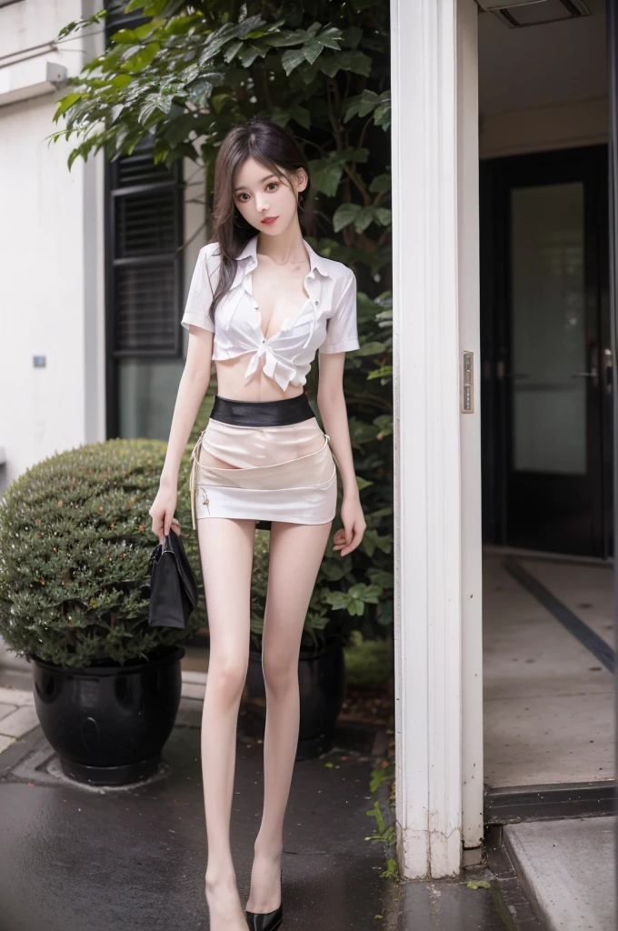 best quality, masterpiece, photo-realistic, (A Korean skinny girl), (extremely-slim body), (narrow and small hips:1.3), standing, outdoors, wear a (white short-sleeve shirt, cleavage), and (black extremely-short microskirt:1.4), close-up picture