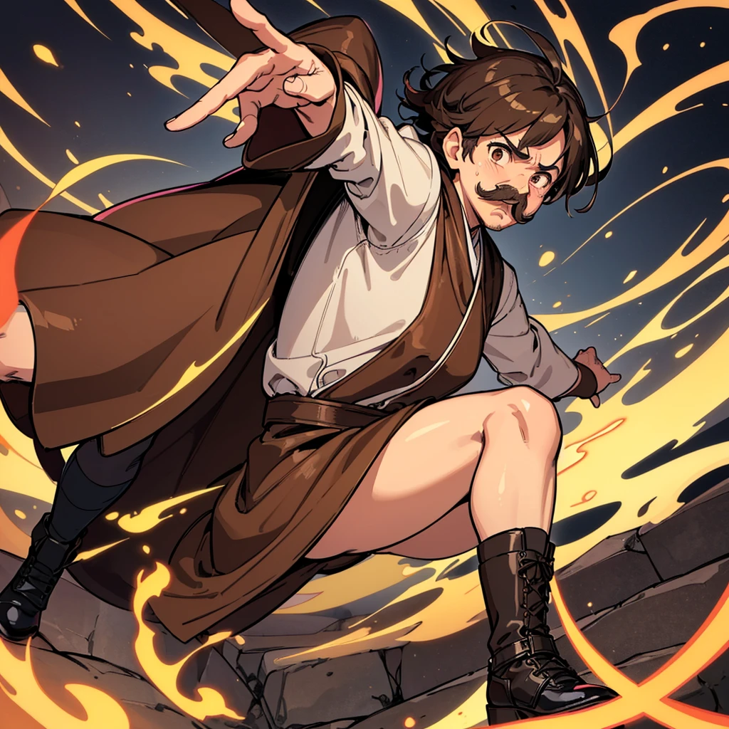 Highest quality, Best Quality,Best illustrationiddle ages、(((Simple brown robe)))、(40-year-old uncle、Kaiser moustache)、(Joy, anger, sorrow, and happiness、Open your mouth wide)、Dramatic Angle、(Fighting stance、Movement angle、Flighting Pose)、(Black leather shoes)