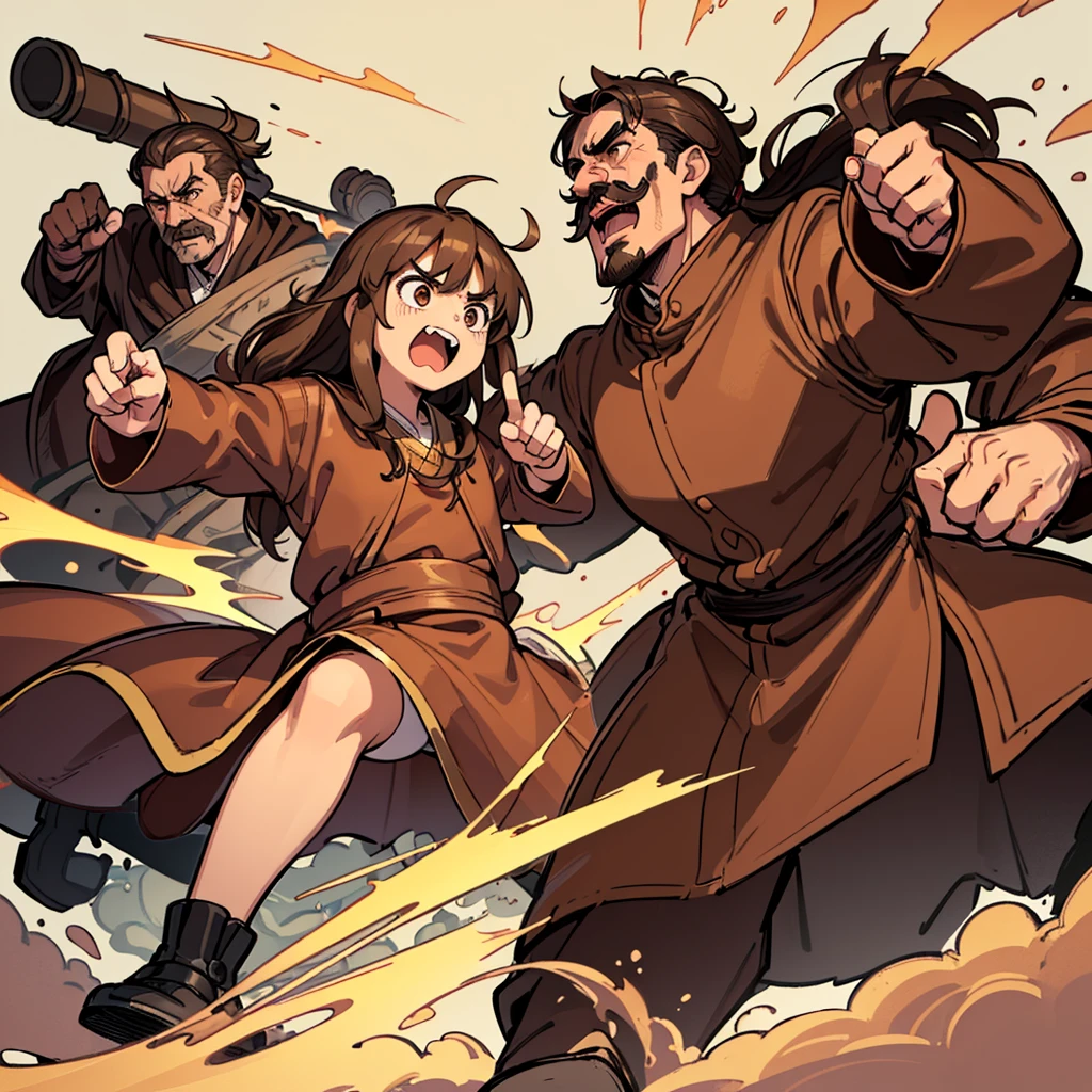 Highest quality, Best Quality,Best illustrationiddle ages、(((Simple brown robe)))、(40-year-old uncle、Kaiser moustache)、(Joy, anger, sorrow, and happiness、Open your mouth wide)、Dramatic Angle、(Fighting stance、Movement angle、Flighting Pose)、(Black leather shoes)