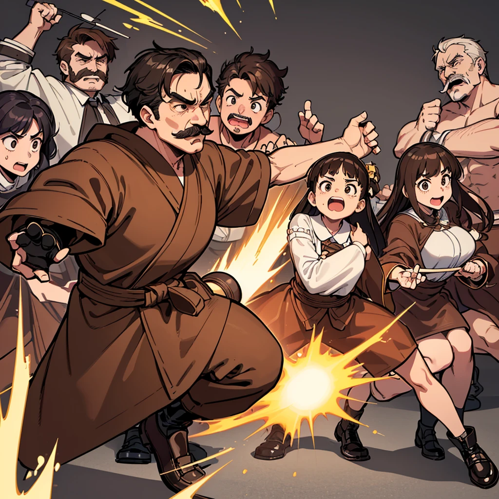 Highest quality, Best Quality,Best illustrationiddle ages、(((Simple brown robe)))、(40-year-old uncle、Kaiser moustache)、(Joy, anger, sorrow, and happiness、Open your mouth wide)、Dramatic Angle、(Fighting stance、Movement angle、Flighting Pose)、(Black leather shoes)