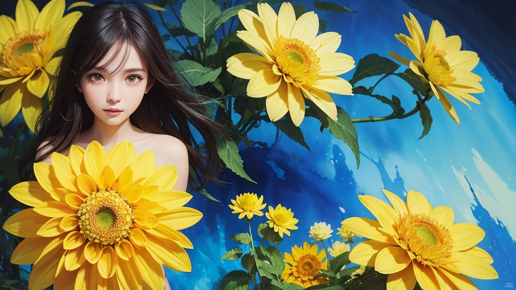 32k, Masterpiece, Highest quality, One girl, Detailed eyes, flower,Dahlia, Blue and yellow style,A dreamy, romantic piece,Pale yellow, Mysterious Leaves,A playful arrangement,Fantasy,High Contrast,Ink strokes,explosion,Exposure, Impression of blue and yellow tones,Abstract,((Watercolours by John Berkey and Jeremy Mann )) Brush strokes,Negative Space, Tyndall effect,