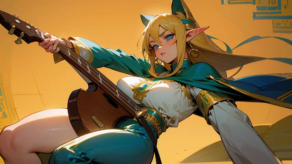 Anime Style,Nostalgic,Detailed Egyptian background,The medieval world,A bustling square with many people,Beautiful Elf Bard,guitar,Large Breasts,Healthy thighs