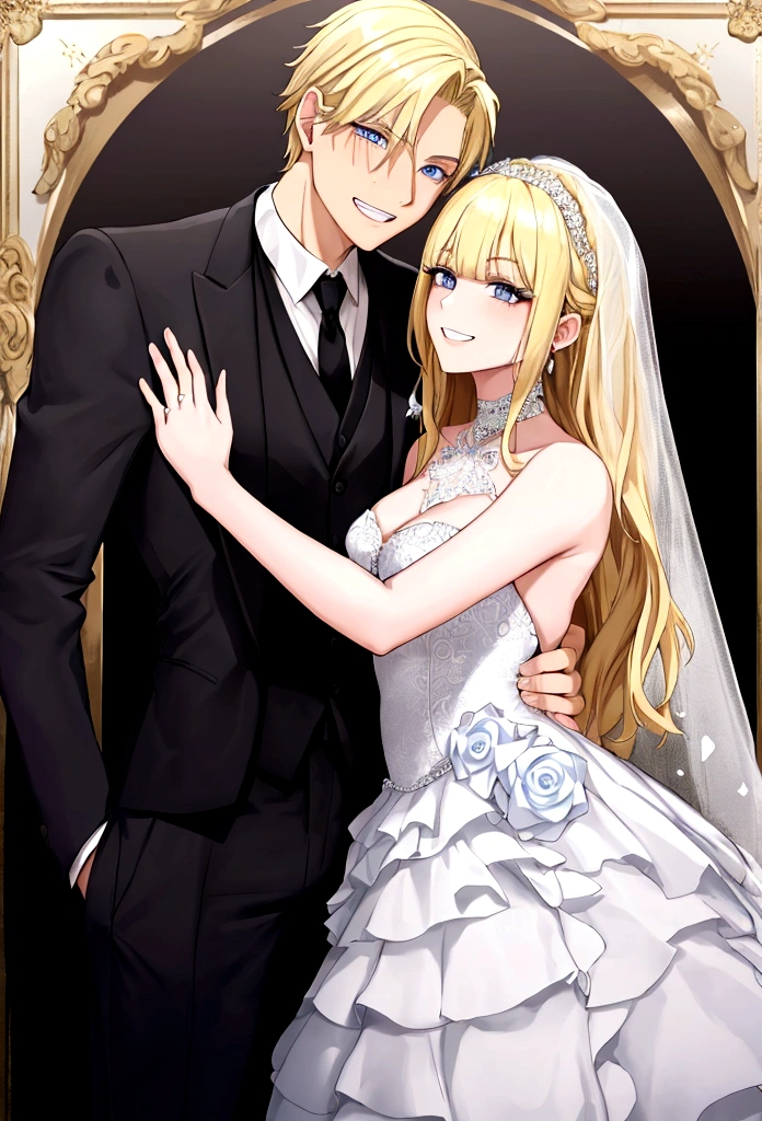 {(one man and one woman) (pose: the man is holding the woman's chin and grinning) (appearance: man with blonde hair and bright blue eyes. woman with black hair and black eyes) (attiribute: women wear wedding dresses and men wear black wedding suits) (background: luxury wedding)
