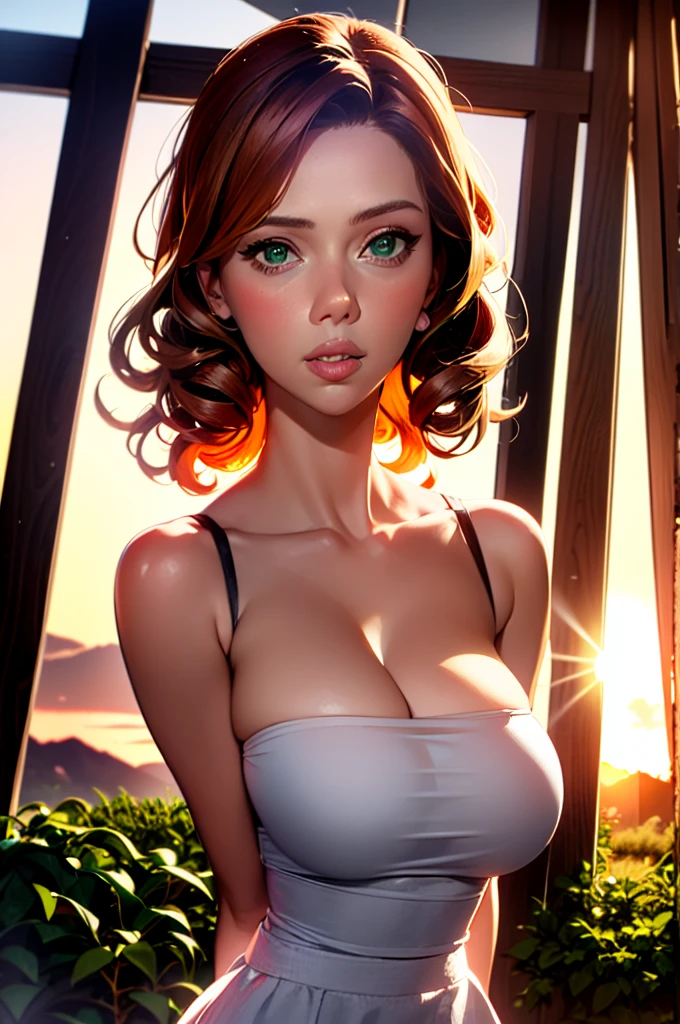 1 woman, ultra detailed, highres, detailed face, scarlet1, scarlett johansson face, sunset, fit body, cute summer dress, ****ung sexy woman at an old village, nude, huge breasts, long curly ginger hair, green eyes, shy expression, blushing, soft lighting
