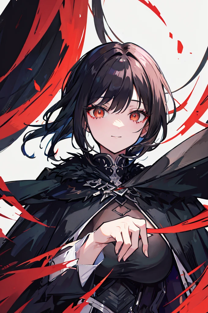 (Absurd, High resolution, Ultra-detailed), masterpiece, Highest quality, A man wearing black clothes and a black cloak, Has a black hole ,Holding a black hole in hand , 公式characterアート, short hair, Black Hair, Black red glowing eyes, Finely grained, Spiky Hair, City in Ruins, Dark Background, Black Swirl, Black swirl, Looking up from below, Looking up, Grin, character