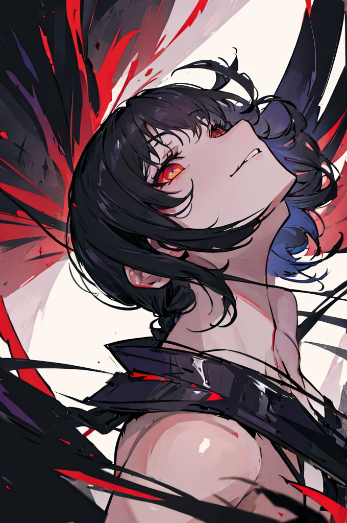(Absurd, High resolution, Ultra-detailed), masterpiece, Highest quality, A man wearing black clothes and a black cloak, Has a black hole ,Holding a black hole in hand , 公式characterアート, short hair, Black Hair, Black red glowing eyes, Finely grained, Spiky Hair, City in Ruins, Dark Background, Black Swirl, Black swirl, Looking up from below, Looking up, Grin, character