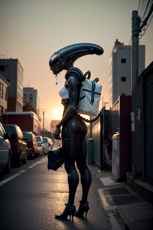 (Diagonal front shot), sfW, (masterpiece), (Highest quality:1.0), (Ultra-high resolution:1.0), detailed eyes
BREAK
xeno, monster, Sharp teeth, sf, tote bag, tail,
Green blood, Acid Break
(City Evening, Nice views)