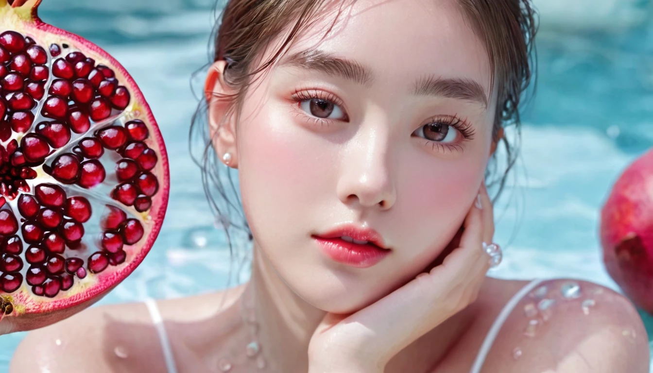 Summer Pomegranate Girl,Dopamine age, Cool summer days,Ice cubes,The watery girl,Delicate skin,Hydration,Shiny,Shiny,dream,Front view,bust,pearl,Pomegranate fruit