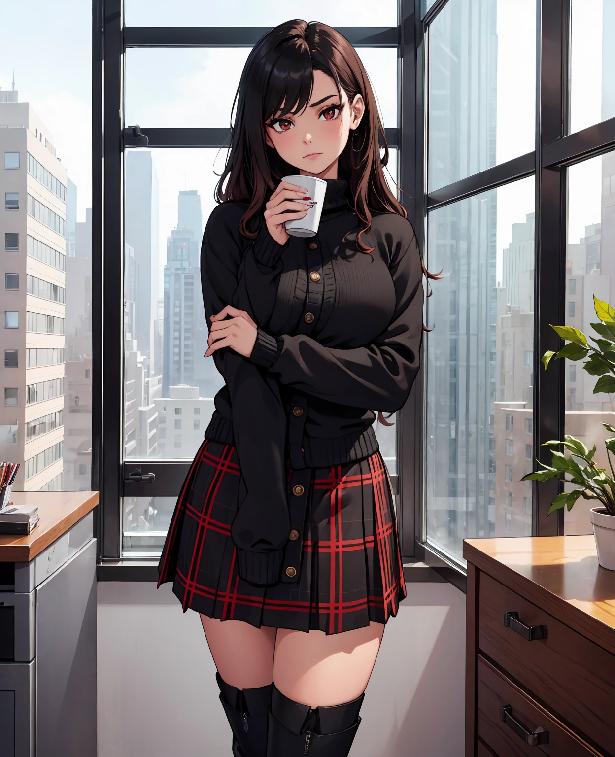 Indoors, portrait, a 25-year-old woman holding a coffee cup, black cropped knitted cardigan, arm:1, dark red narrow skirt with black plaid pattern, black knee-high suede boots, standing next to an office window