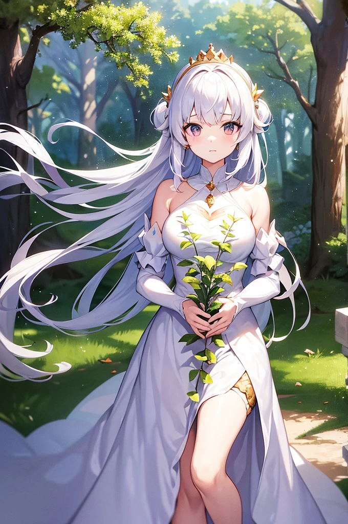 Anime princess with a long, white dress that covers most of her body. Her hands are to her chest, and her crown it made of twigs and branches, representing her connection and care for nature. Background of a forest