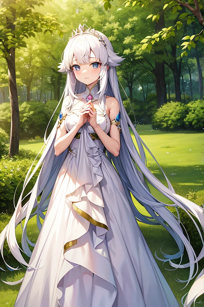 Anime princess with a long, white dress that covers most of her body. Her hands are to her chest, and her crown it made of twigs and branches, representing her connection and care for nature. Background of a forest