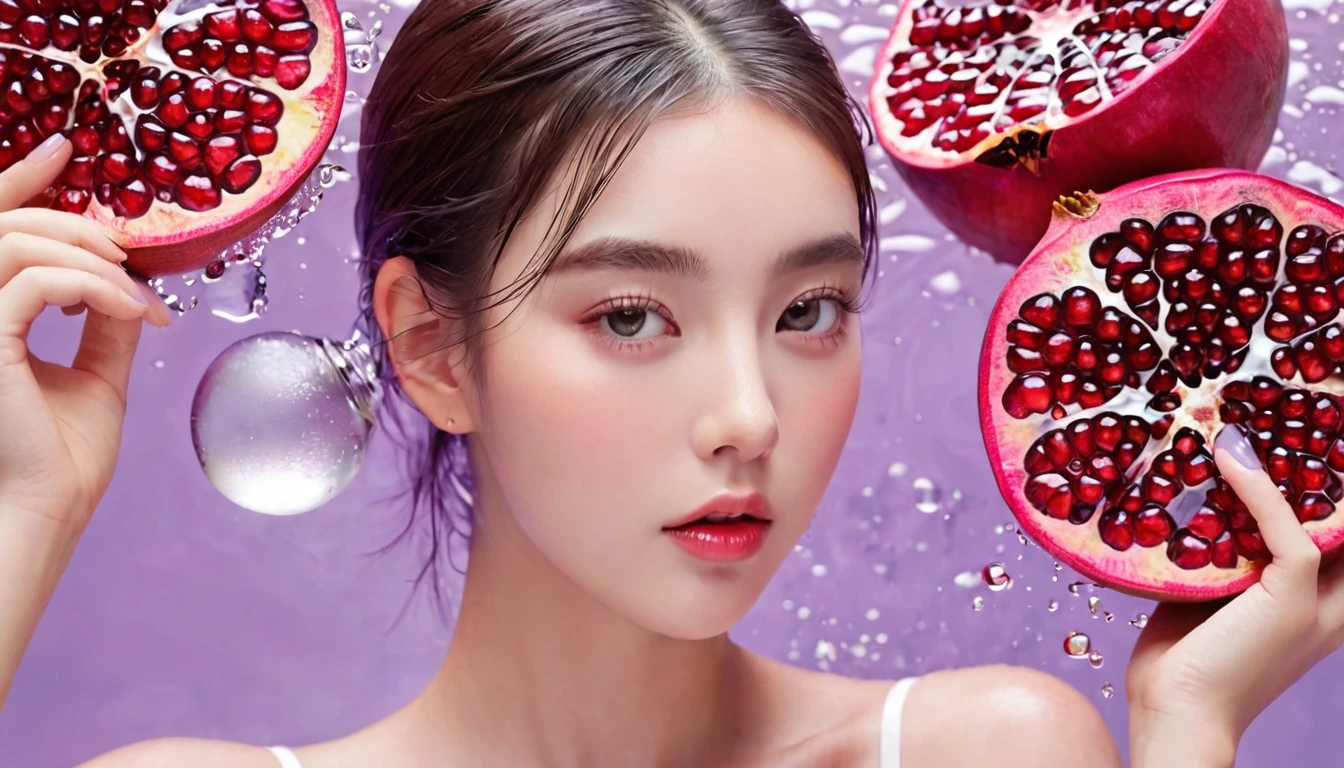 Summer Pomegranate Girl，Dopamine teenage， Cool summer days，Ice cubes，The watery girl，Delicate skin，Hydration，Shiny，Shiny，dream，Front view，bust，pearl，Pomegranate fruit