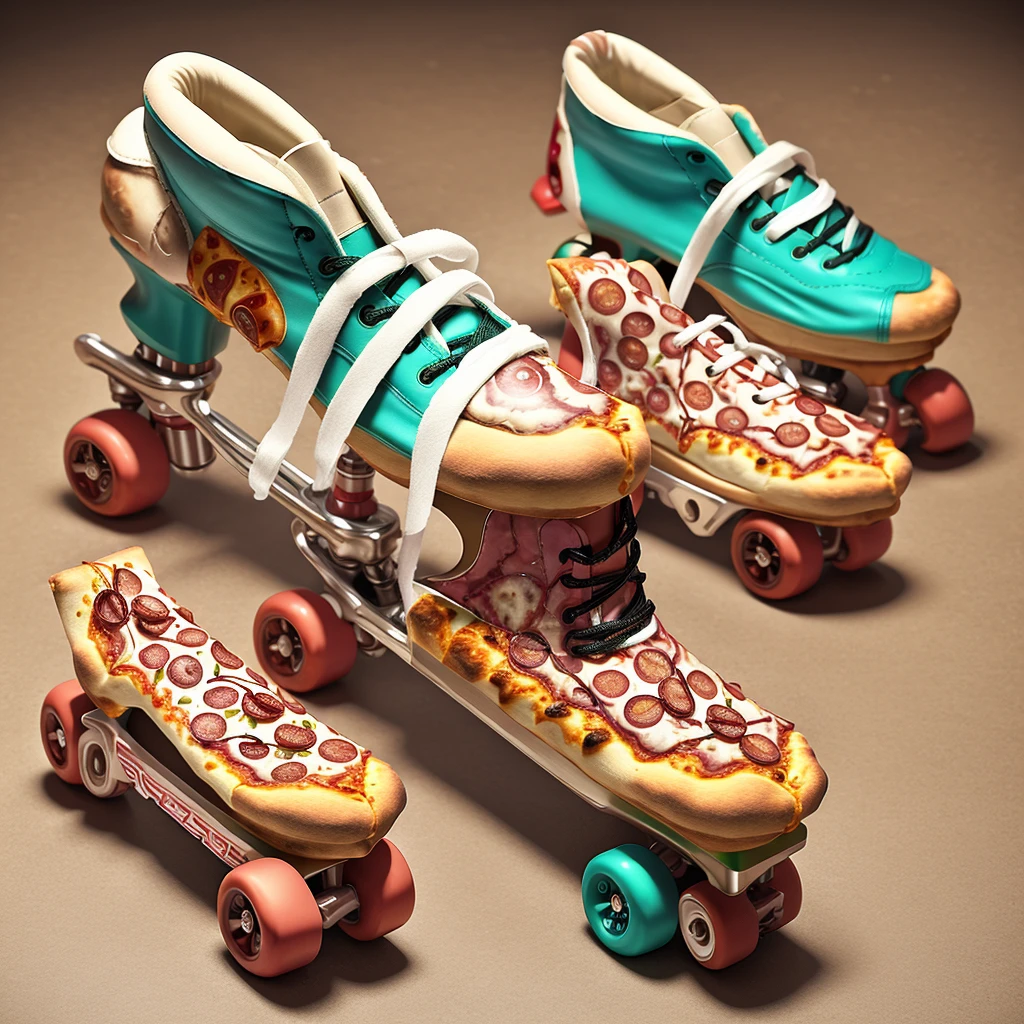 ((pizza-themed rollerskates:1.2))