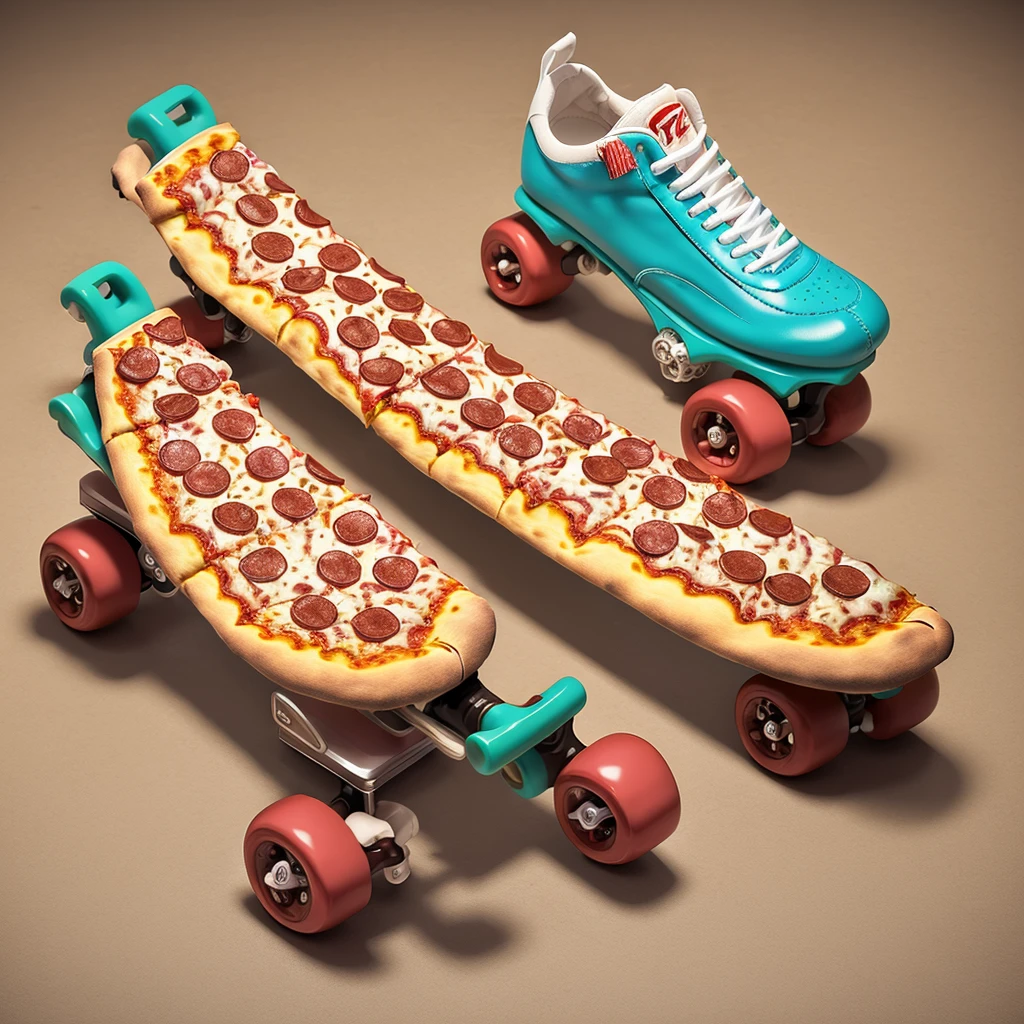 ((pizza-themed rollerskates:1.2))