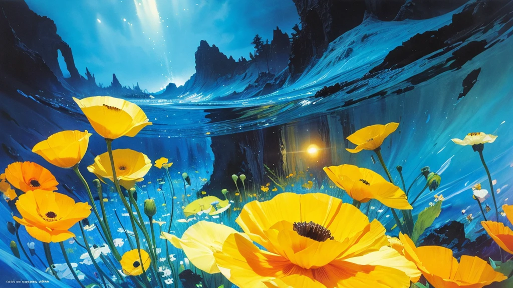 32k, Masterpiece, Highest quality, One girl, Detailed eyes, flower,Iceland Poppy, Blue and yellow style,A dreamy, romantic piece,Pale yellow, Mysterious Leaves,A playful arrangement,Fantasy,High Contrast,Ink strokes,explosion,Exposure, Impression of blue and yellow tones,Abstract,((Watercolours by John Berkey and Jeremy Mann )) Brush strokes,Negative Space, Tyndall effect,
