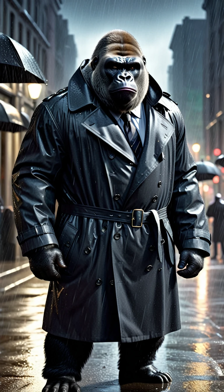 photorealistic portrait of Dressed animals - a ((fat)) gorilla Detective,(standing), (hands on hips:1.5),(grim expression:1.2),high quality,(cool),(hard) ,intricate details, (furry), highly detailed ((Black Trench Coat)) ,highly detailed rainy street background, , (heavy rain makes him wet:1.5 ), moon lighting,(full body image:1.5),rainy street background,,(perfect hands)