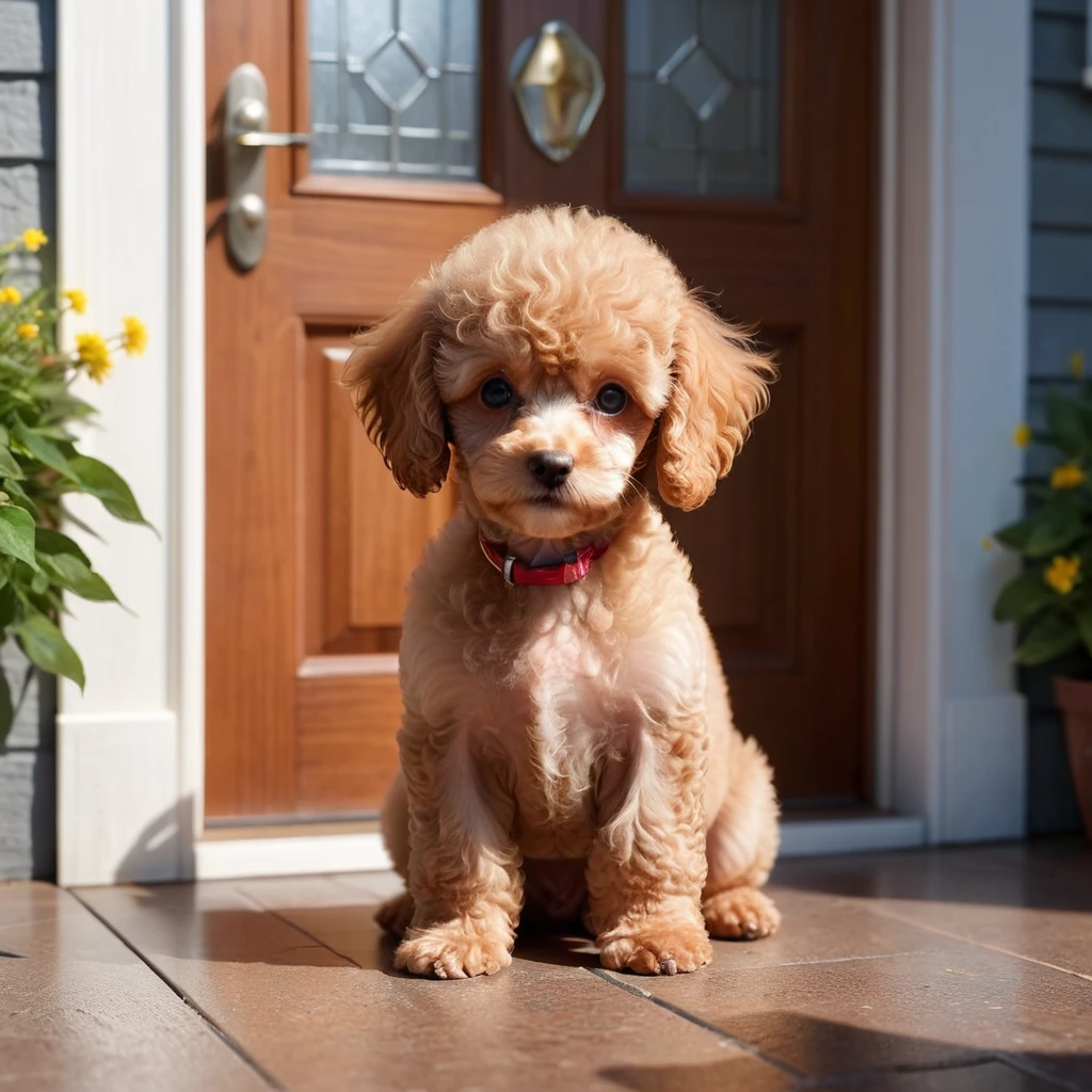 Toy poodle puppy at the front door, Keep barking,noon, summer, Volumetric Light,There may be demons,