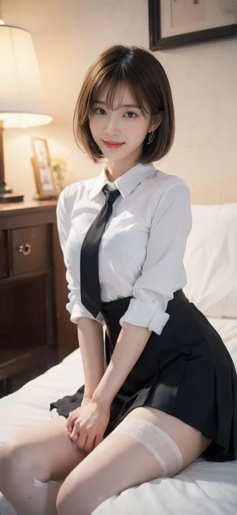 ((masterpiece, Top image quality, high resolution、solitary、Radiant Skin))(on the table, best quality, Practical, Very detailed, meticulous, high resolution, 8k wallpaper), Close-up portrait of a beautiful woman, like, Smile, Light brown messy hair, Perfect dynamic composition, 美丽meticulous的眼睛, Like the cover of a fashion magazine, On Campus