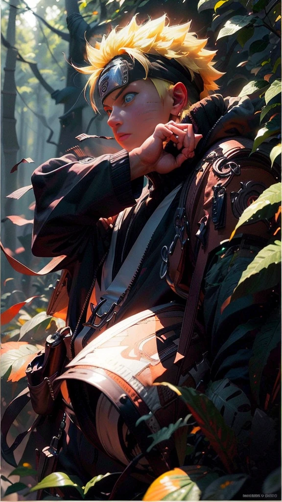 (best quality), (masterpiece), ultra-detailed, 1boy, uzumaki naruto, epic pose, action, particle effects, long sleeve, emphasis lines, movement lines, full body of naruto uzumaki, masterpiece, best quality, full detailed, 1boy, handsome, male, looking at viewer, naruto, Detailed blue eye,yellow hair, konoha realistic detail leaf headband, eye realistic, realistic eye brow, nose realistic, mouth realistic,skin realistic, face realistic, head realistic, body realistic, background art cinematic, backpack, big eye sharp, photorealistic, photoshoot, only three line in face, naruto uzumaki dress code. electricity , aura, conbat in the forest vs samurai 1.4 , combat in the forest bamboo