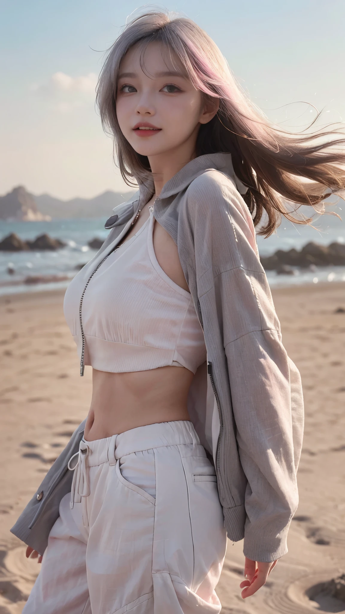 Best image quality、RAW Photos、超A high resolution、21 years old Korean、Small breasts、Dynamic Angle、Cowboy Shot、Chaos in its most beautiful form、elegant、Brutalist Design、Vibrant colors、Beautiful white hair、Short Bob、smile、fun、smile、Glowing White Skin、Beautiful eyes with random colors、Very thin lips、Beautiful eyes in every detail、 Narrow eyes、Cheeks are pale pink、Eyelash length、Beautiful double eyelids、eye shadow、Bright white hair、Crop top、Lightweight see-through jacket、Transparent top、Harem pants、Sandy Beach、Shooting from the rear、turn around、The wind is blowing、Hair fluttering、boost mood、Full body photo