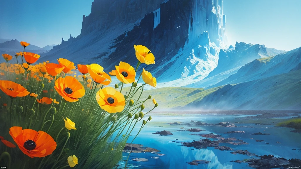 32k, Masterpiece, Highest quality, One girl, Detailed eyes, flower,Iceland Poppy, Blue and yellow style,A dreamy, romantic piece,Pale yellow, Mysterious Leaves,A playful arrangement,Fantasy,High Contrast,Ink strokes,explosion,Exposure, Impression of blue and yellow tones,Abstract,((Watercolours by John Berkey and Jeremy Mann )) Brush strokes,Negative Space, Tyndall effect,