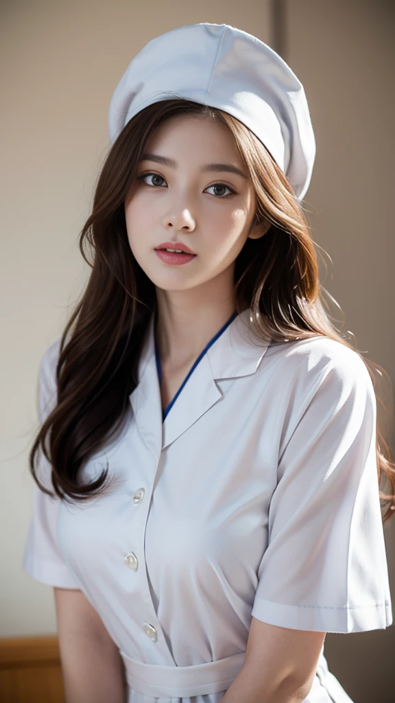 (masterpiece, Highest quality:1.2),alone,The eyes are exquisite and delicate,Long auburn hair、Pink Lips,blue eyes,Big Breasts、Wavy Hair、White nurse uniform、White nurse hat