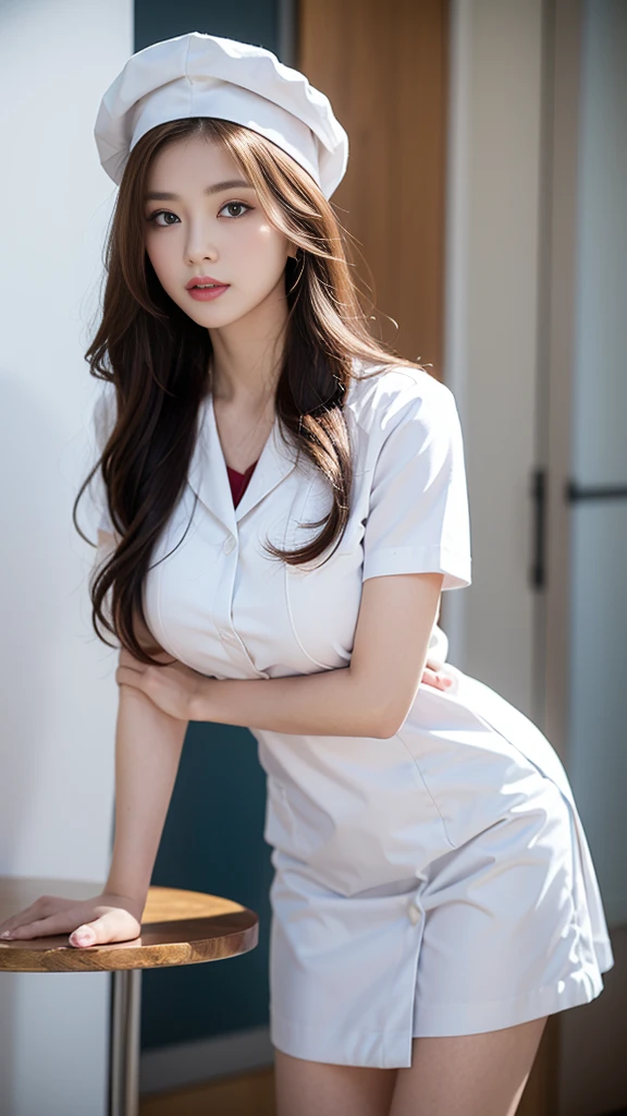 (masterpiece, Highest quality:1.2),alone,The eyes are exquisite and delicate,Long auburn hair、Pink Lips,blue eyes,Big Breasts、Wavy Hair、White nurse uniform、White nurse hat