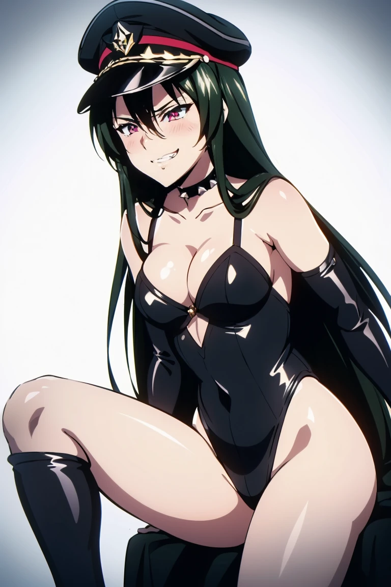(((grinning lasciviously))), seductive anime girl, (((nefarious smirk))), [[[[grinning evily]]]], beautiful, masterpiece, ultra detailed, extremely detailed, ultra high res, 8k, beautiful detailed face, anime screencap, heart shaped face woman, (black hair:1.2), long hair, hair between eyes, large breasts, fearless face, sharp face, slant eyes, cat eyes, 170cm tall, (((adult))), perfect proportion, (((black high-leg leotard))), (((dare shoulder))), cleavage, (((thigh boots))), (((spiked choker))), (((military cap))), anime style, ultra detailed beautiful face and eyes, front view, raw phot, incredibly absurdres, Beautiful portrait of cute anime girls, super fine illustration, full-hd, hdr, best aesthetic, distinct, exquisite, masterwork, by famous artist, highers, (((perfect anatomy))), mocking, (((rape face))), (((evil grin))), intense eyes, sadistic, gleaming skin, oil skin, slut face, (((full-face blush))), smirking, mischievous grin, furrowed mouth, both legs, pouty lips, downturned corners, rosy hue, grin widely, cheeky smirk, (((bad-tempered glare))), gloating, crazy smile, scary face, cruel smile, fang, connected teeth,, (((elbow gloves))), (((big connected teeth)), glare, grimace, smirk, (((scowling face))), smile broadly, symmetrical eyes, even eyes, perfect eyes, (((squinting eyes))), deep detailed eyes, shiny clothes, 1girl, solo, smug, smile grimly, (((dimpled smile))), pink eyes, (((laugh))), (((pleasure face))), (((brutality face))), (((scary face))), (((empty eyes))), anime best girl, [[[[grinning evily]]]], anime moe artstyle, collarbone, dare collarbone, sitting, antique and arm chair, throne, open legs, perfect proportion, perfect anatomy, perfect body, perfect legs,