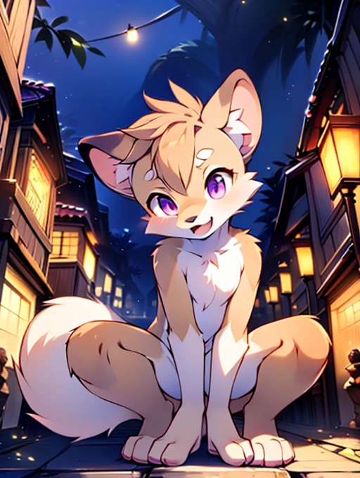Civet cat, , cute, (alone), (((Has brown and white fur))), Big purple eyes, Blushing, smile, Open your mouth, walking, night, Ancient Asian cities, bright street lights, Blue and black slate road, Empty Streets, Starry Sky, Shadow, Detailed facial depiction, ((Accurate hand drawing)), レンブラントの光とShadow, Ultra-fine,Completely naked,Naked,Naked,Full nudity,Nude,Barely,Fully visible,Spread your legs and point your crotch,Embarrassing,Embarrassed look,On all fours,Put your hands and feet on the ground,Sit like a dog,Shake hands like a dog,Four-legged,Accurate hand and foot count,Face of Shame,first round,Fantasy,Anime-style depiction,Sexual Description,