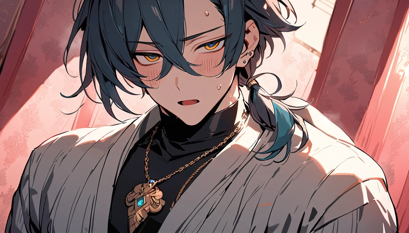 ((((best masterpiece, best quality, wallpaper,)))) solo, guy, male body, small muscles, flat chest, 1male, 30 years old, handsome man, dramatic angle, upper body, looking at viewers, beautiful detailed, mediumturquoise hair, ((((Lower short ponytail)))), asymmetrical bangs, ((short hair,)) blush stickers, sweat, ((( jitome, gold eyes, ^o^, tareme, droopy eyes,))) (((perfect face, extremely detailed eyes,))) perfect hands, sharp nose, clear face, black turtleneck, grey cardigan, ((silver piercing, pendant,)) leggings, pink background color ultrasharp, 8K, masterpiece,