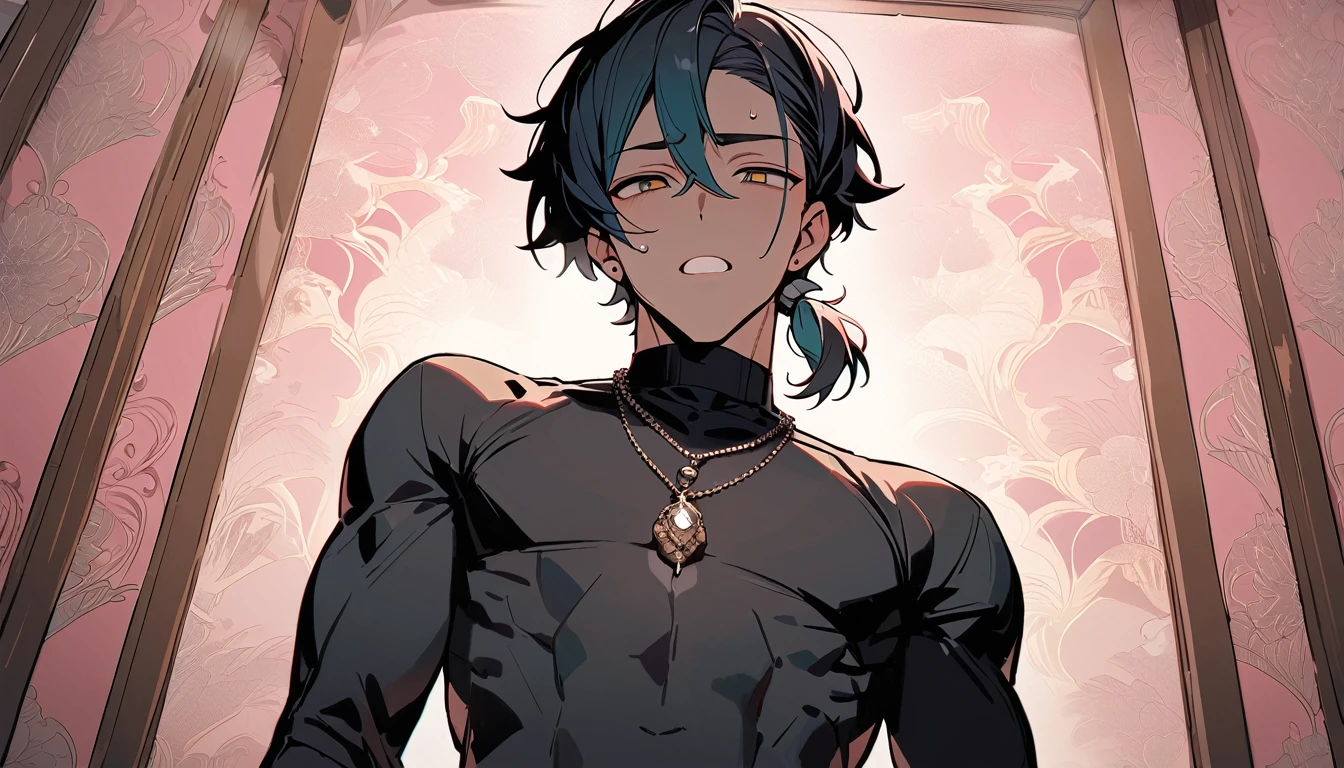 Swimwear boy Embarrassing suffer thin Black Hair juvenile Upper body naked Embarrassing Green Eyes Yellow Eyes Bangs hanging over the eyes Are thin large delicate eyes Thin legs Slightly brown skin ((Fine details)), Best Shadow,Cinema Lighting,Highest quality,((Very detailed)) masterpiece Torn clothes Femboy kneels Side view