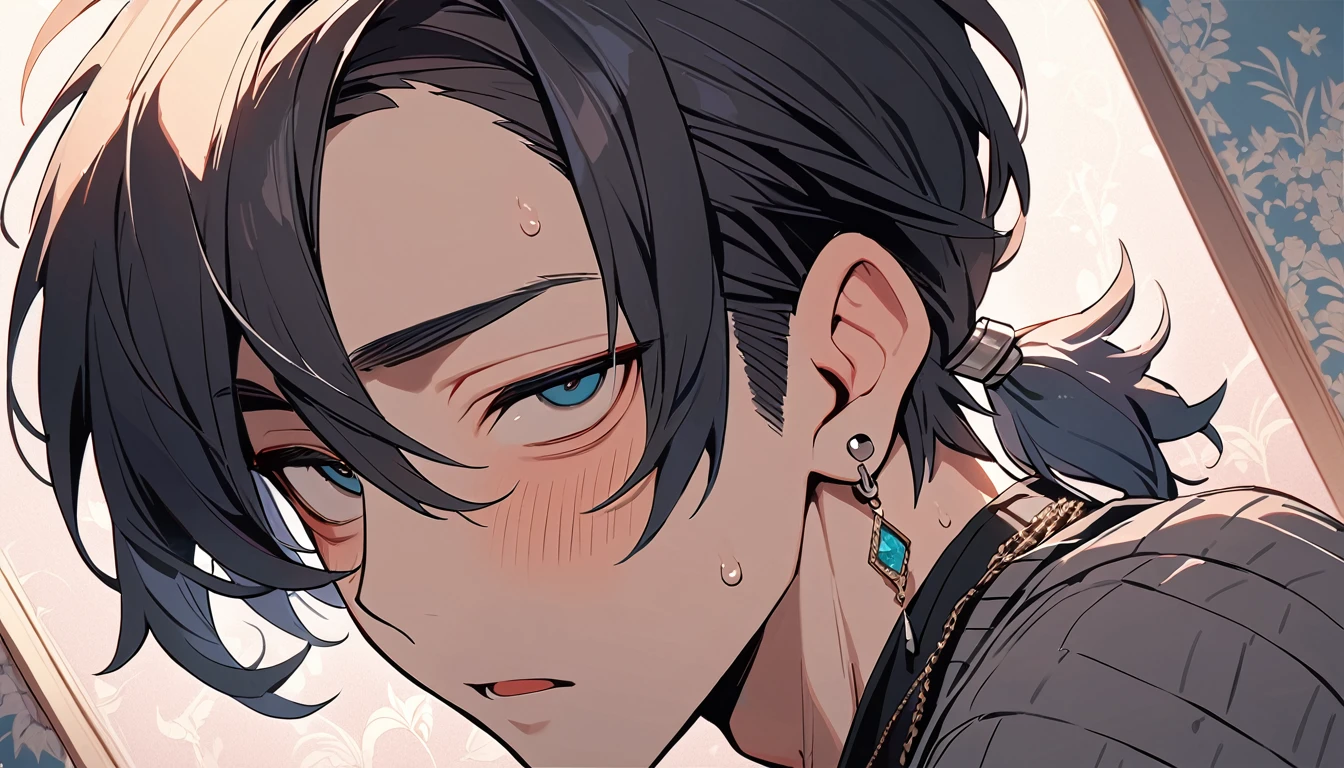 ((((best masterpiece, best quality, wallpaper,)))) solo, guy, male body, small muscles, flat chest, 1male, 30 years old, handsome man, dramatic angle, upper body, looking at viewers, beautiful detailed, mediumturquoise hair, ((((Lower short ponytail)))), asymmetrical bangs, ((short hair,)) blush stickers, sweat, ((( jitome, gold eyes, ^o^, tareme, droopy eyes,))) (((perfect face, extremely detailed eyes,))) perfect hands, sharp nose, clear face, black turtleneck, grey cardigan, ((silver piercing, pendant,)) leggings, pink background color ultrasharp, 8K, masterpiece,